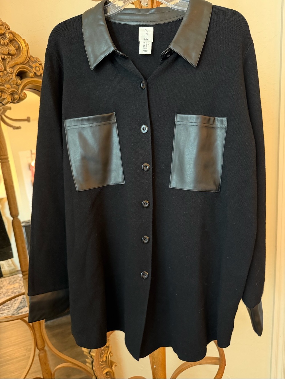 Joie Black Button-Front Jacket Shacket Shirt with Faux-Leather Trim